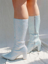 Silver Rhinestone Pointy Zip Mid-Calf Cowgirl Boots